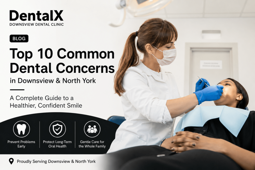 Top 10 Common Dental Concerns in Downsview & North York – A Complete Patient Guide | DentalX Downsview Dental Clinic Dentist examining a patient during a routine dental checkup at DentalX Downsview Dental Clinic in Downsview, North York, highlighting preventive and gentle dental care.